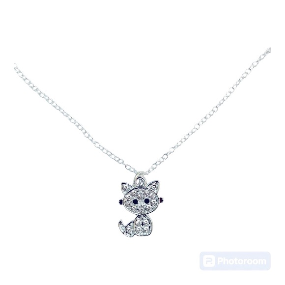925 Sterling silver chain with kitty cat pendant charm rhinestones - Picture 5 of 5